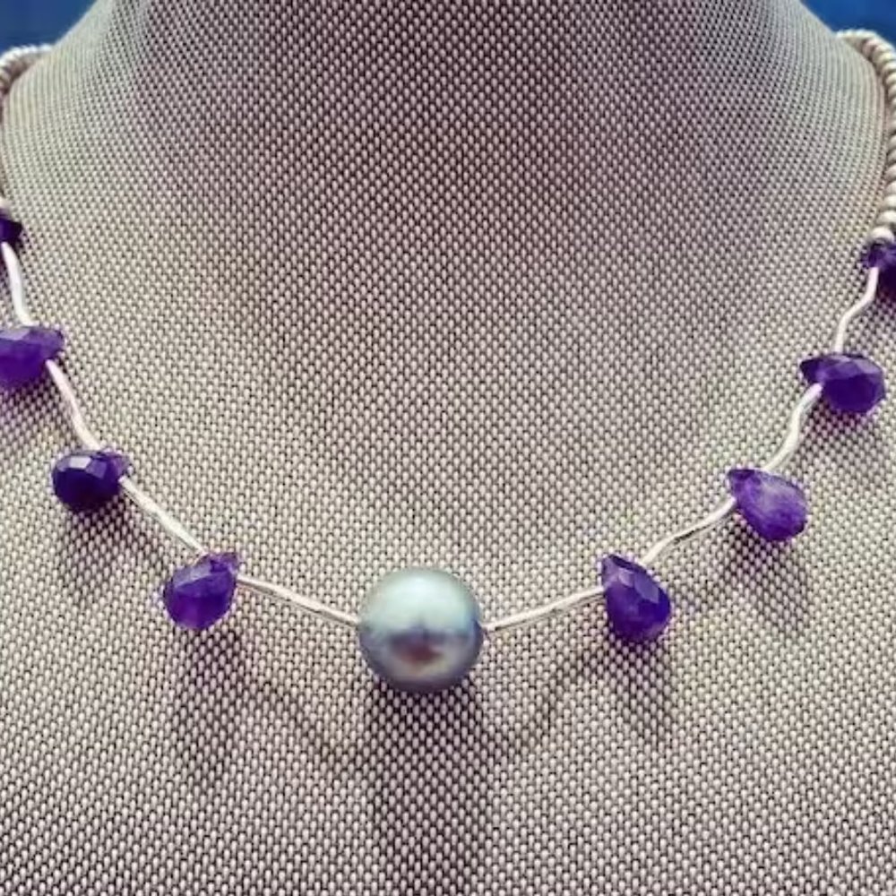 Tahitian black pearl, Amethyst drops and sterling silver necklace.